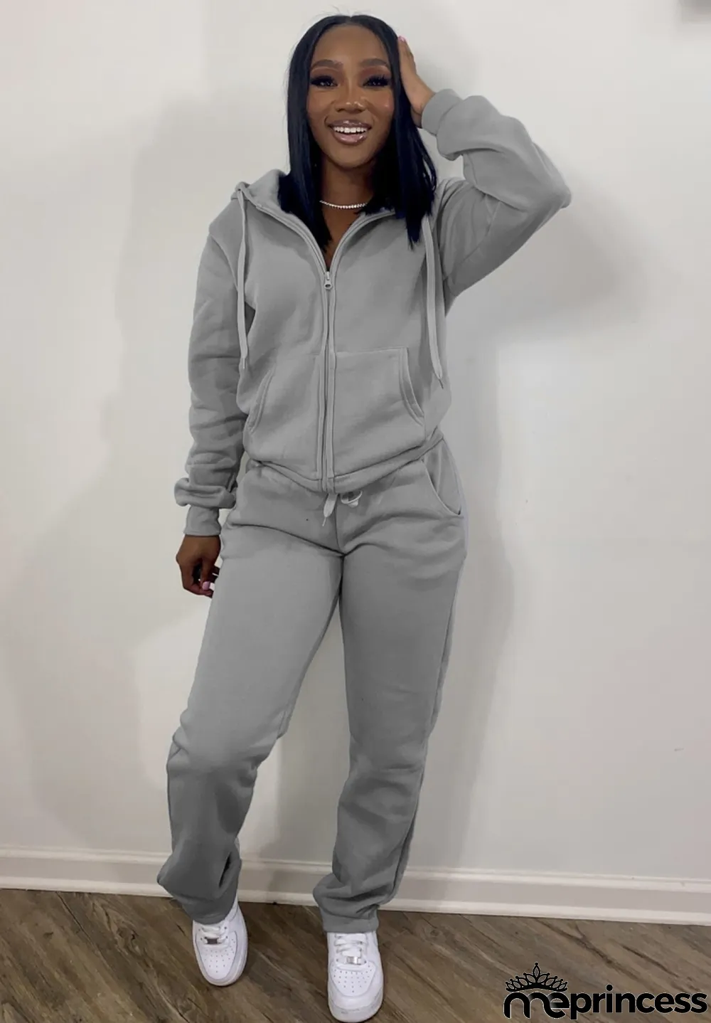 Winter Grey Blank Hoody Two Piece Pants Set Tracksuit