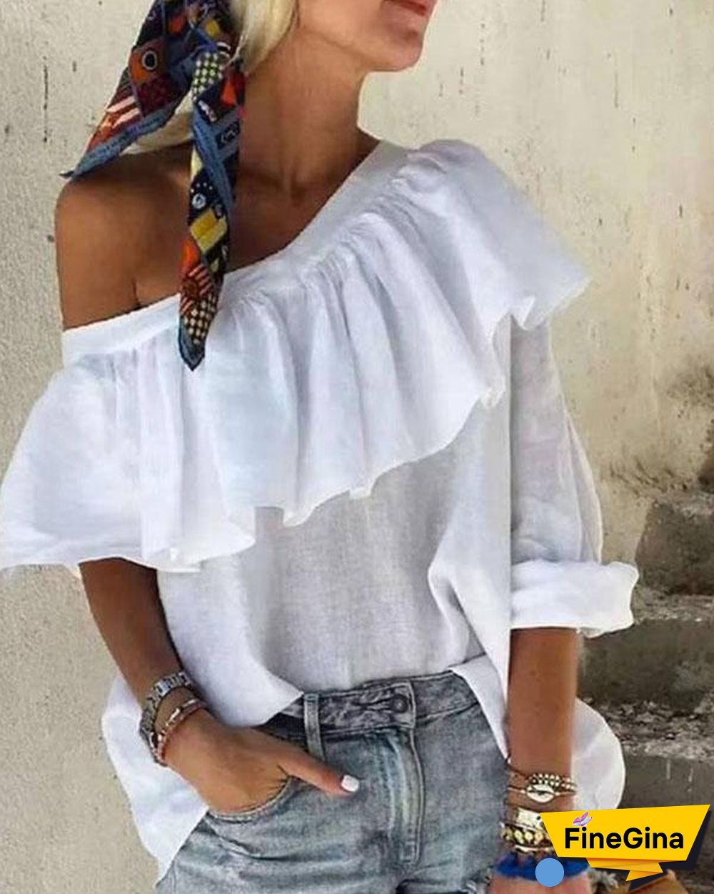 One Shoulder Ruffle Layer Half Sleeve Solid Blouse