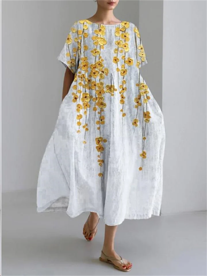 Women's Round Neck Dresses New Printed Dresses Loose Cotton A-line Skirt