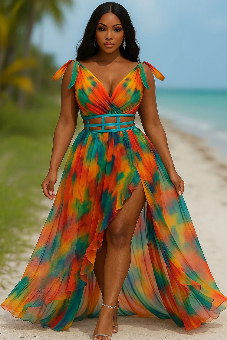 Ombre Print Mesh V Neck Pleated Slit Vacay Maxi Dresses-Orange [Pre Order]
