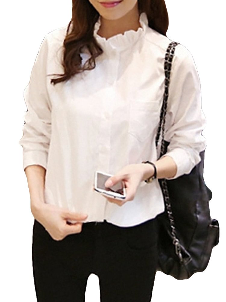 Ruffles Neck Solid Color Long Sleeve Shirt P1373470