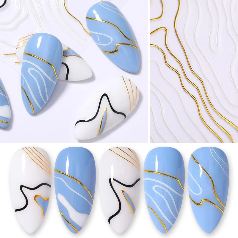 3D Nail Art Sticker Iridescent Gold Black Gilded Stripe Wave Line Adhesive Transfer Foils DIY Decal Manicures Tips Decoration-Nail Inspo
