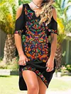 Holiday Floral Off Shoulder Cold Shoulder V Neck Weaving Dress
