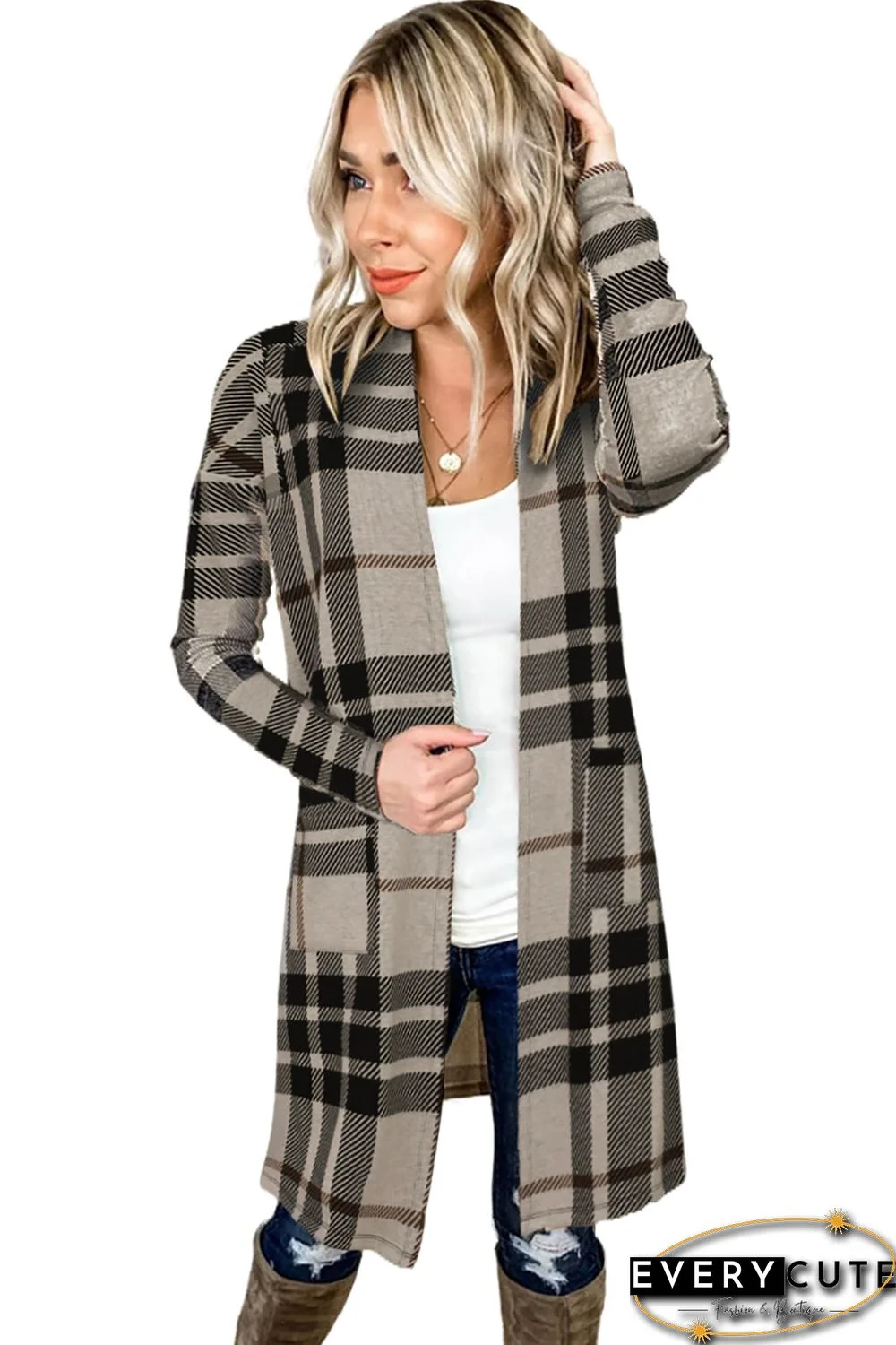 Taupe Tartan Plaid Pocket Cardigan