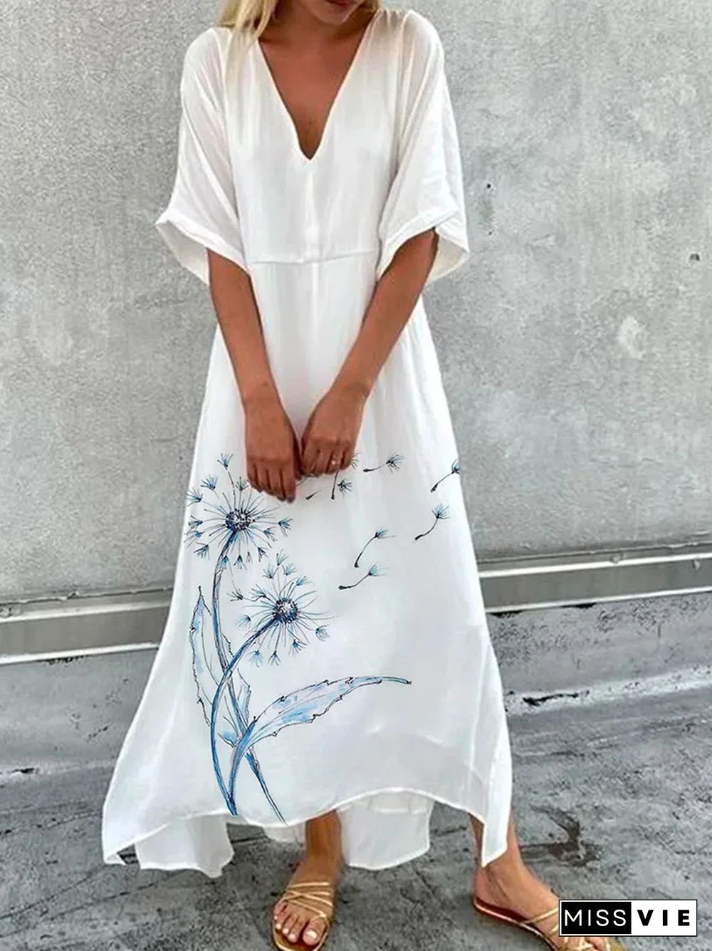 New Summer Ladies Short Sleeve V Neck Irregular Long Dress Casual Loose Commuter Office Dress Women Fashion Printed Dresses