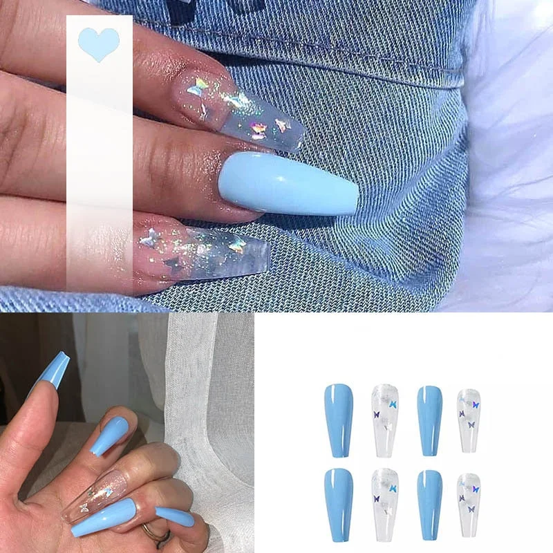 24PCS/box artificial nails with glue Milky white pink Gradients long Ballet Nail stick fake nail tips full cover acrylic-Nail Inspo