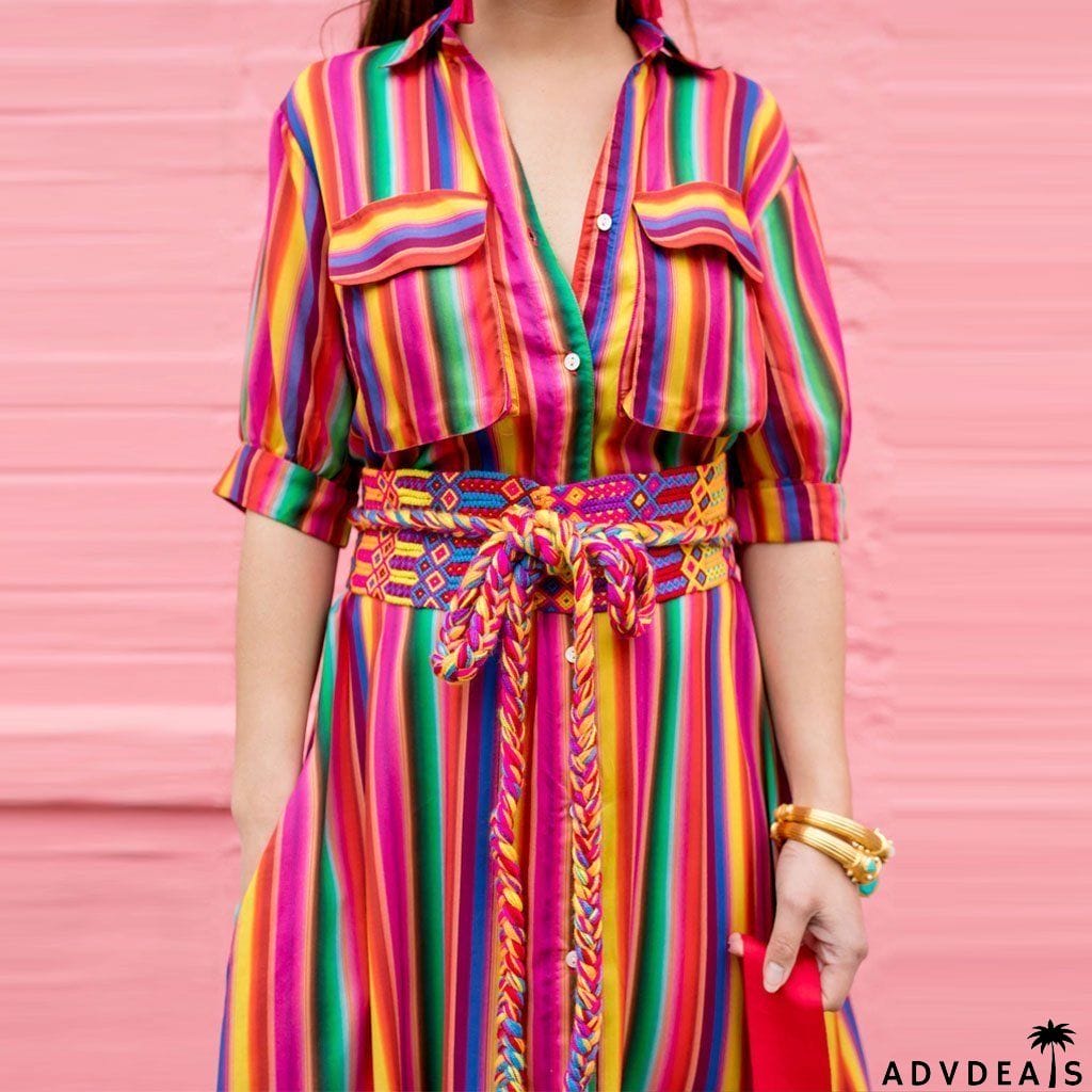 BOHO Button Down Collar Stripes Roll Up Sleeve Maxi Vacation Dresses