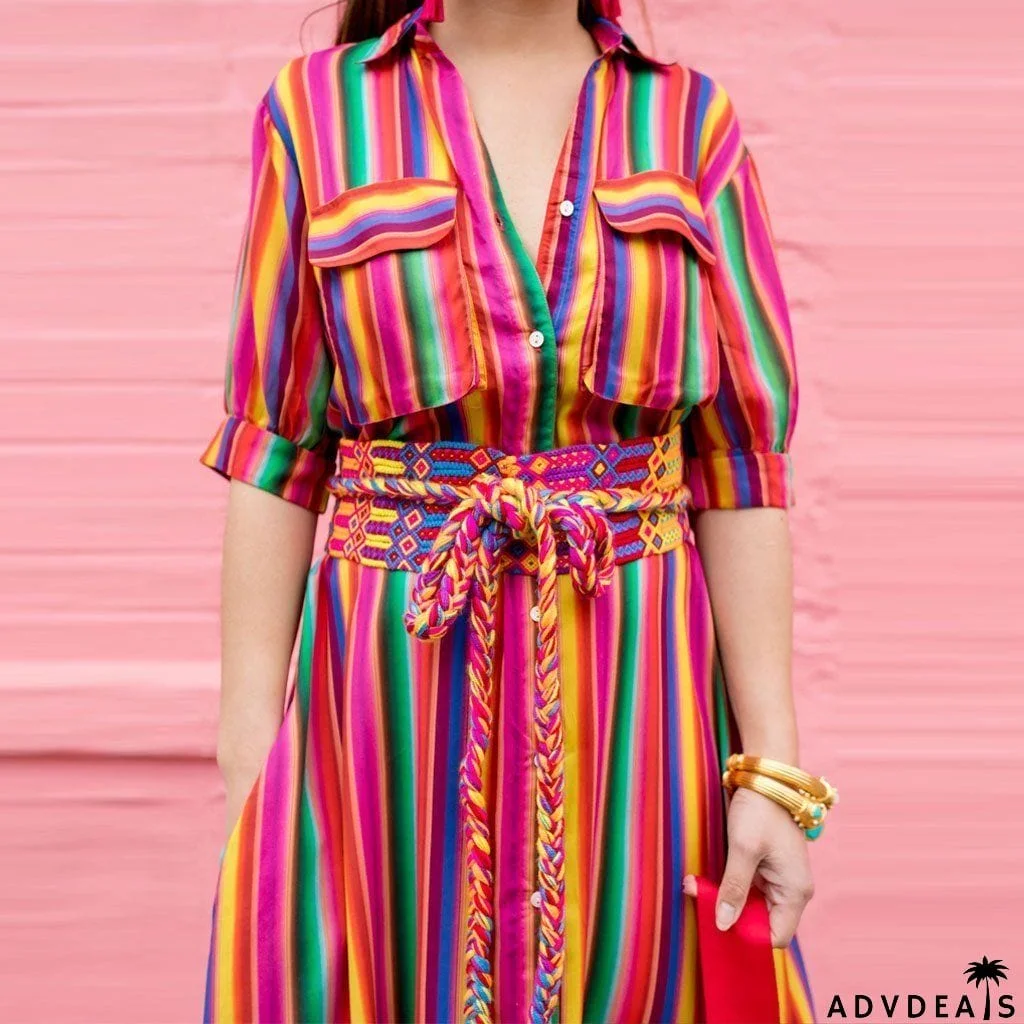 BOHO Button Down Collar Stripes Roll Up Sleeve Maxi Vacation Dresses