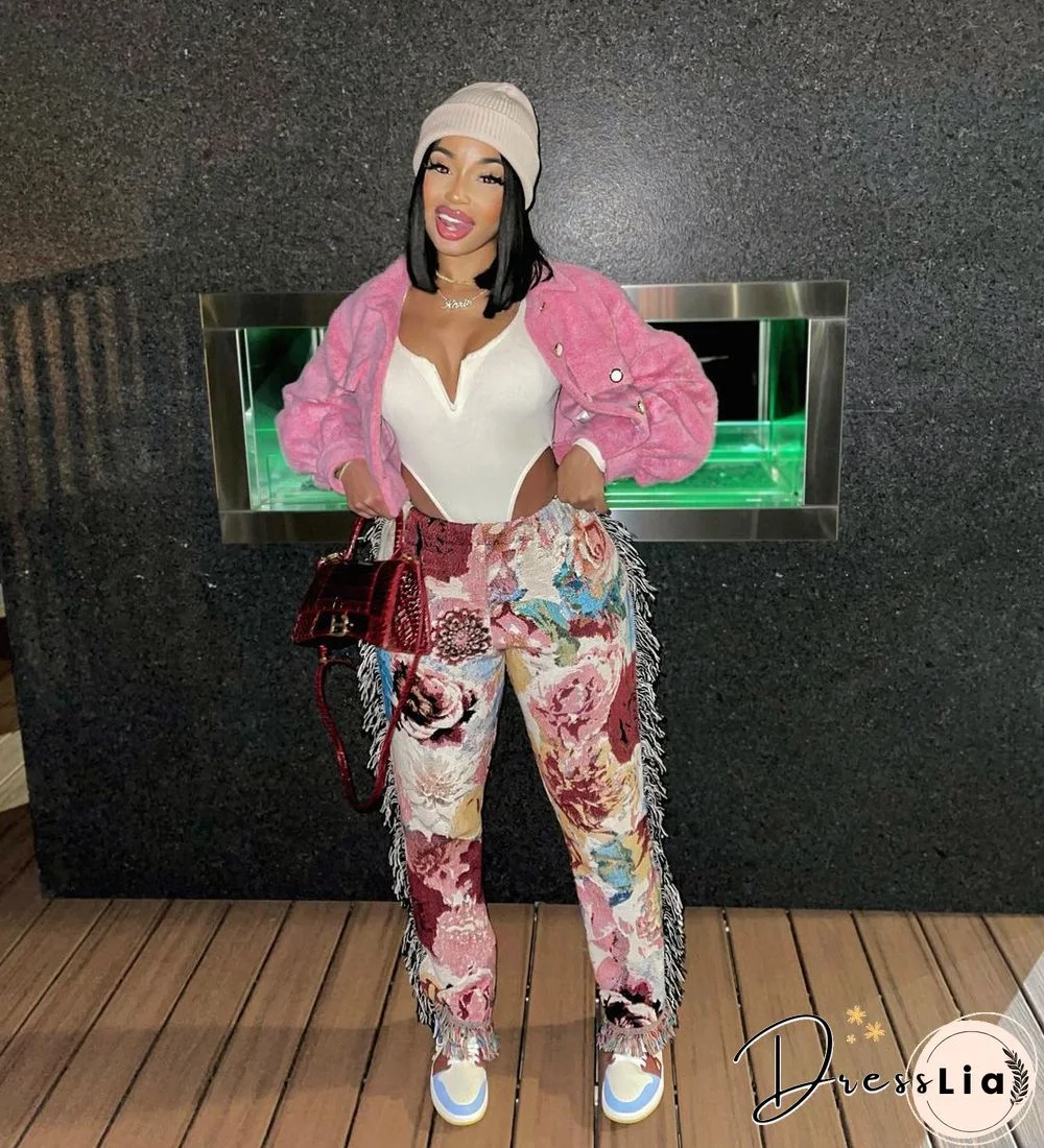 Side Tassels Patchwork Elastic Waist Women Print Jogger Pant