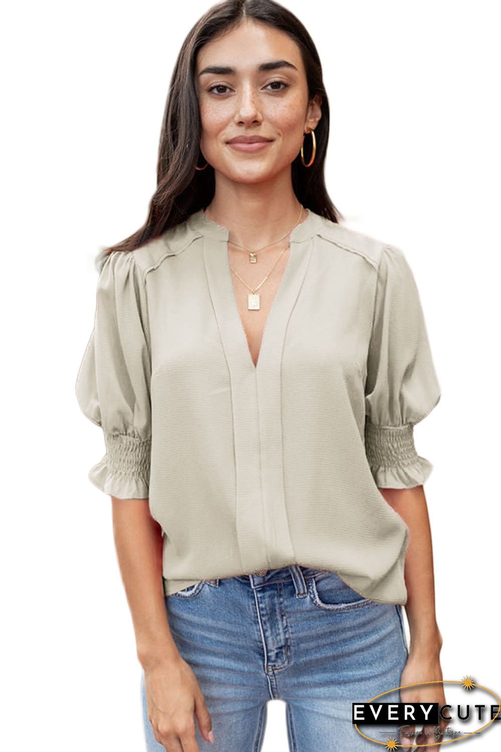 Apricot Solid Color Half Sleeve V Neck Blouse