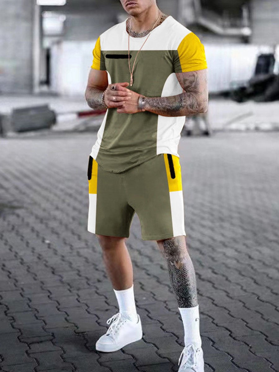 Men's Casual Short-Sleeved T-Shirt Round Neck Color-Block Five-Point Shorts Suit