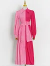 Fashion Contrast Color Long Sleeve Button Belted Long Sleeve Midi Dress