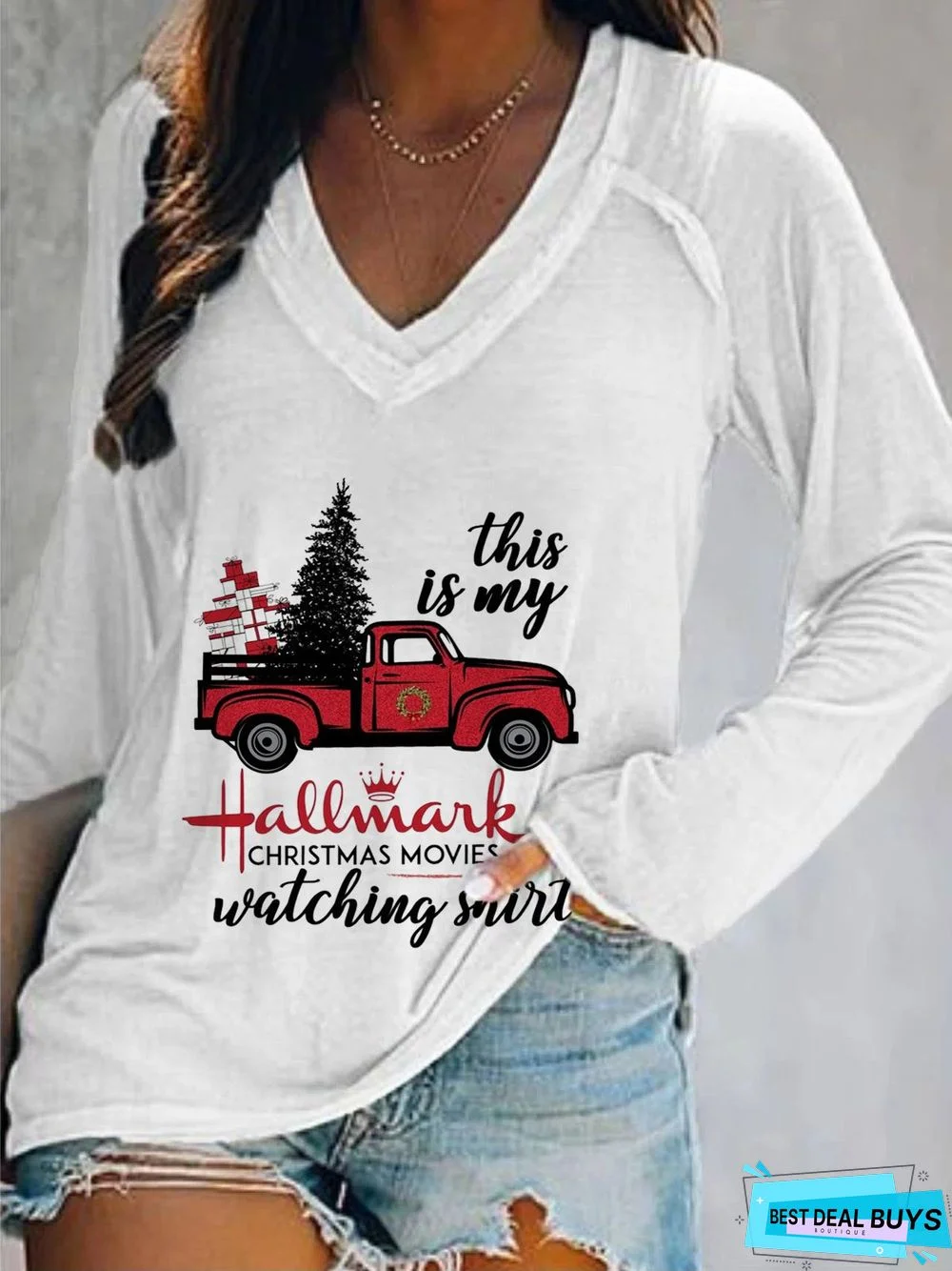 Christmas Xmas Long Sleeve V Neck Printed Top Tunic T-Shirt