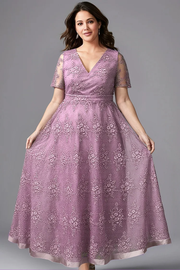 Flycurvy Plus Size Wedding Guest Purple Lace Flutter Sleeve Maxi Dress 2024 - Flycurvy 