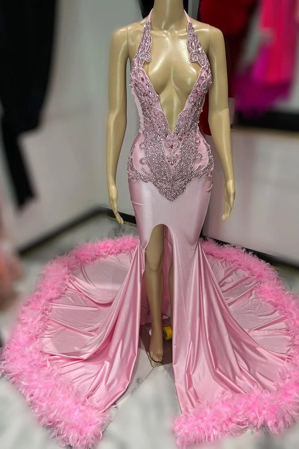 Lisliy Sexy Pink Sleeveless V Neck With Appliques Slit Prom Dress Feather 
