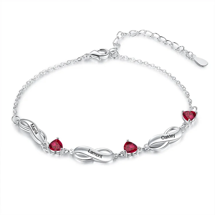 Infinity Bracelet Personalized Ruby Bracelet Engraved 3 Names Birthstones Birthday Gift