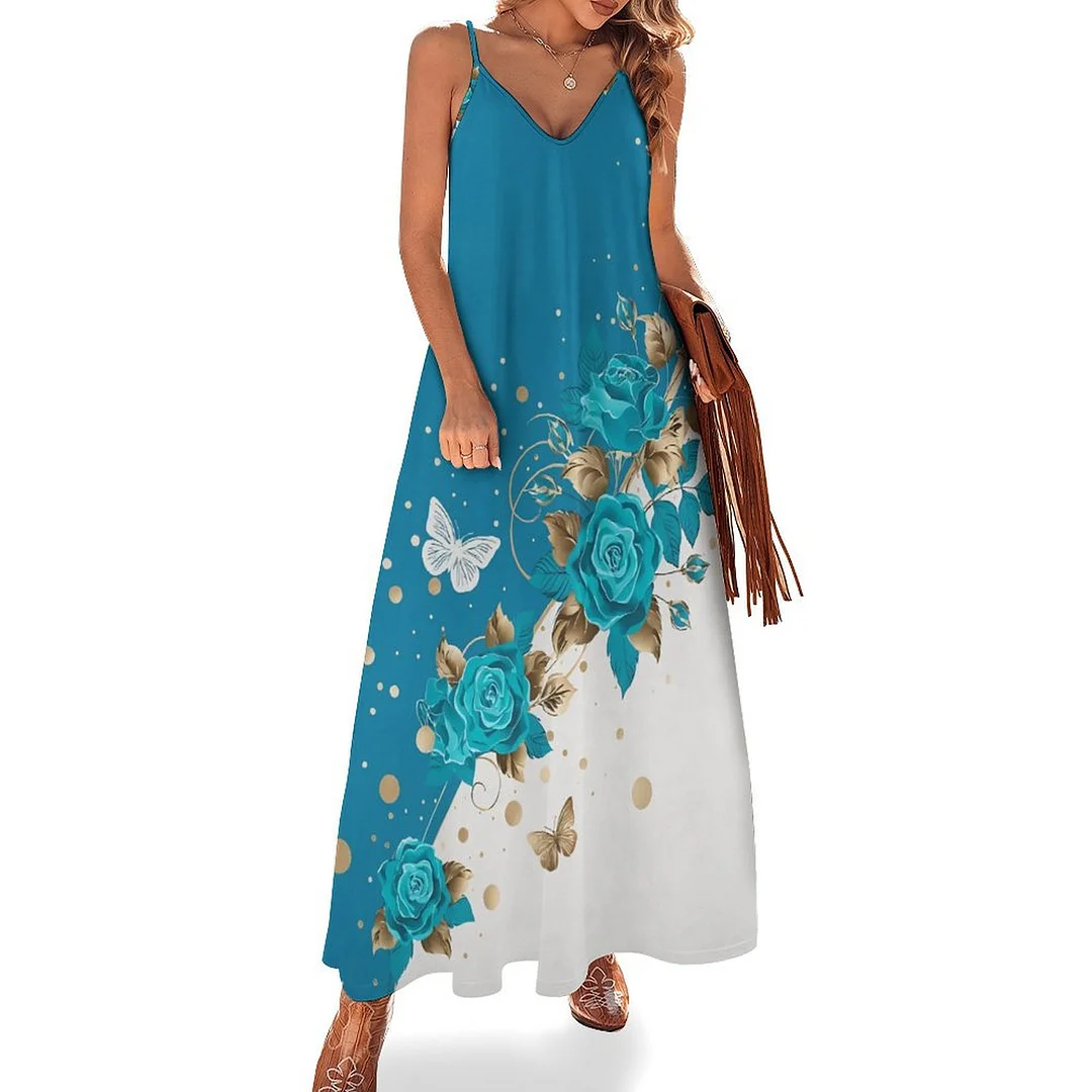 Style & Comfort for Mature Women Plus Size Printed Sling Casual Women Maxi Dress in Pattern Butterfly, Blue, Floral