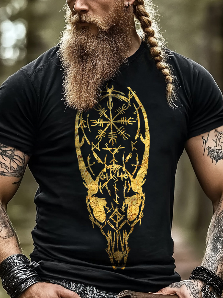 Viking mysterious totem compass sheep bone rune tattoo design pattern short sleeve top / Rvogue / Rvogue