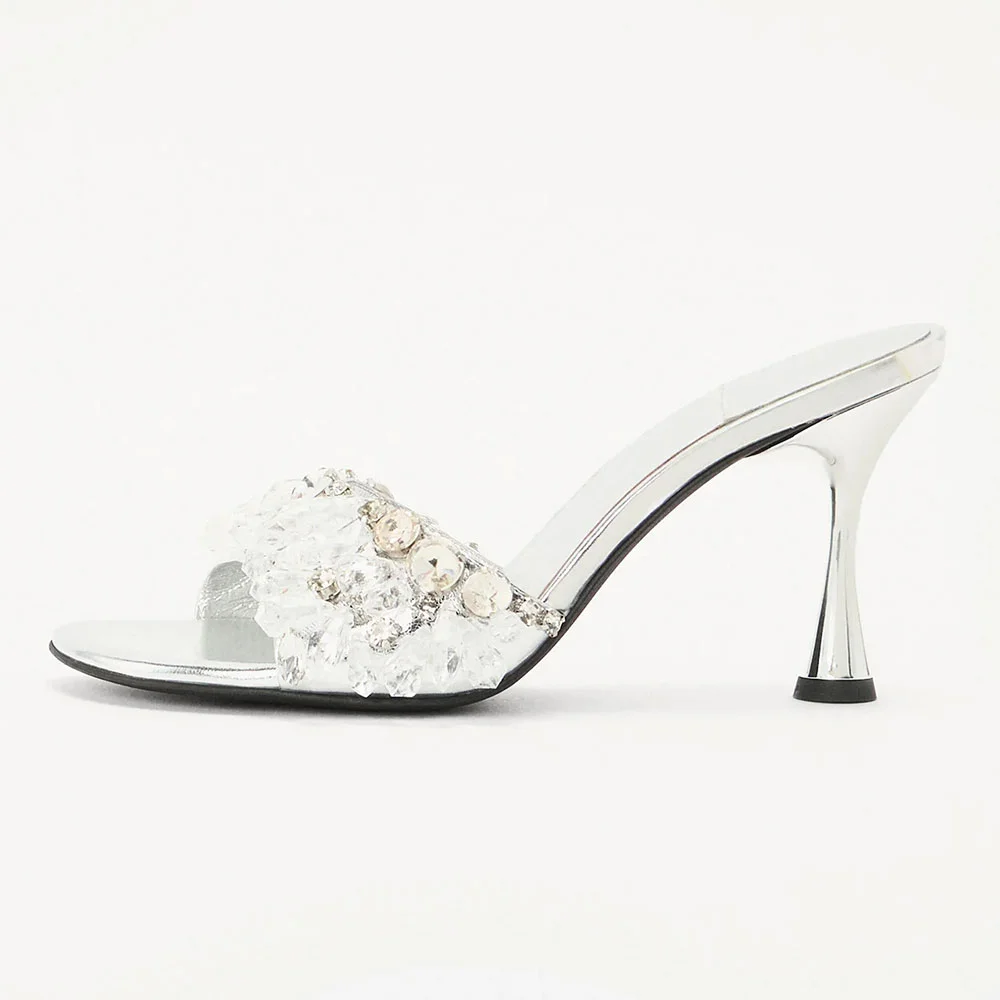 Silver Metallic Open Toe Spool Heel Rhinestone Mules for Women
