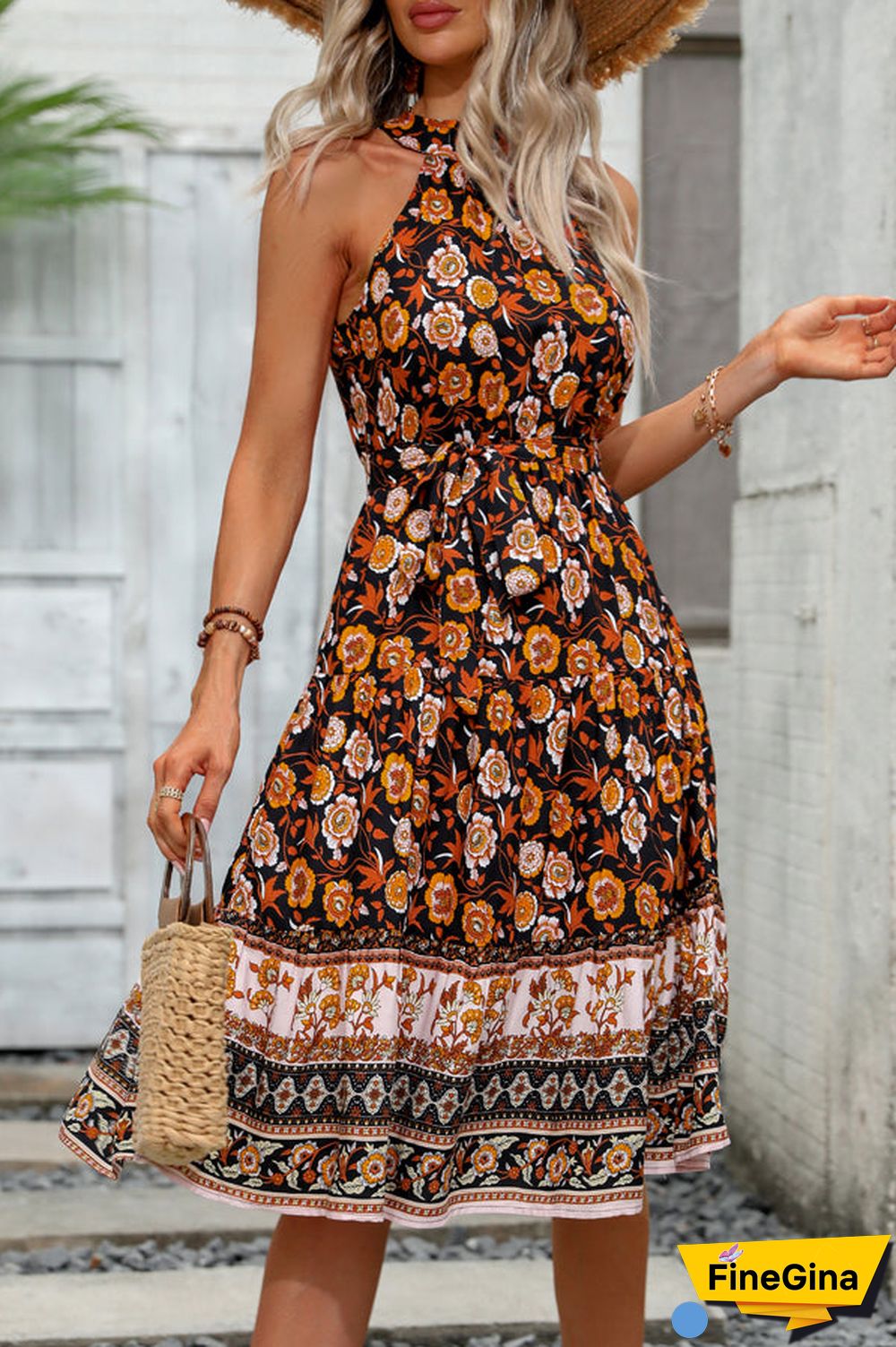 Halter Neck Tie Waist Floral Print Casual Dress