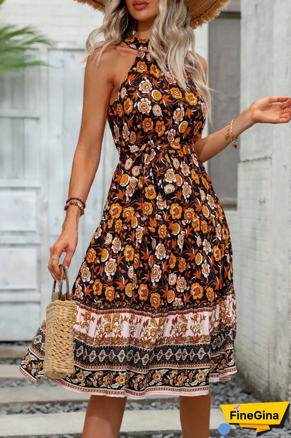 Halter Neck Tie Waist Floral Print Casual Dress