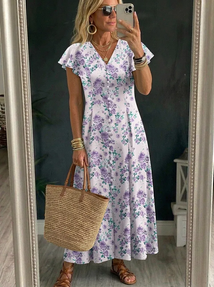 Women&rsquo;s Romantic Spring With Ruffled Sleeves V-neck Vest Maxi Dress