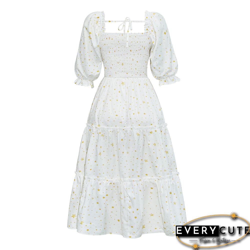 White Square Collar Pleated 1/2 Sleeve Floral Dress