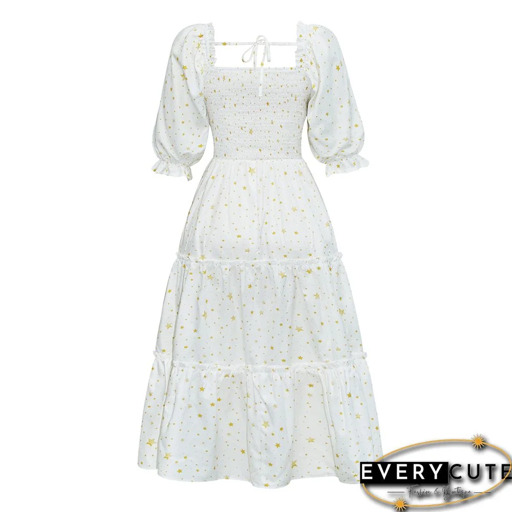White Square Collar Pleated 1/2 Sleeve Floral Dress