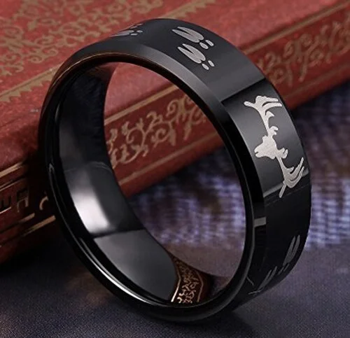 6MM 8MM Men's Or Women Hunting Deer Crossing Wedding Black Tungsten Carbide Bands with Deer Antler and Hooves Laser Design