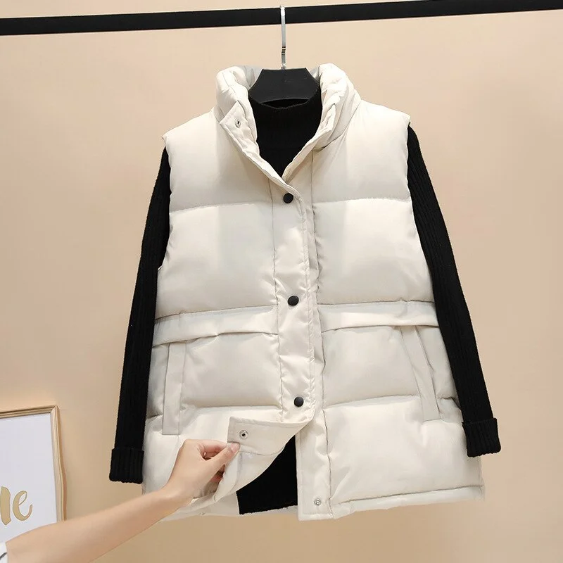 Sleeveless Jacket Women Vest Winter Warm Cotton Padded Coat Korean Fashion Ladies Gilets Parkas Black Waistcoat Veste Femme