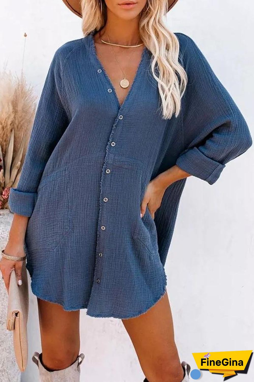 Button Pockets Shirt Mini Dress