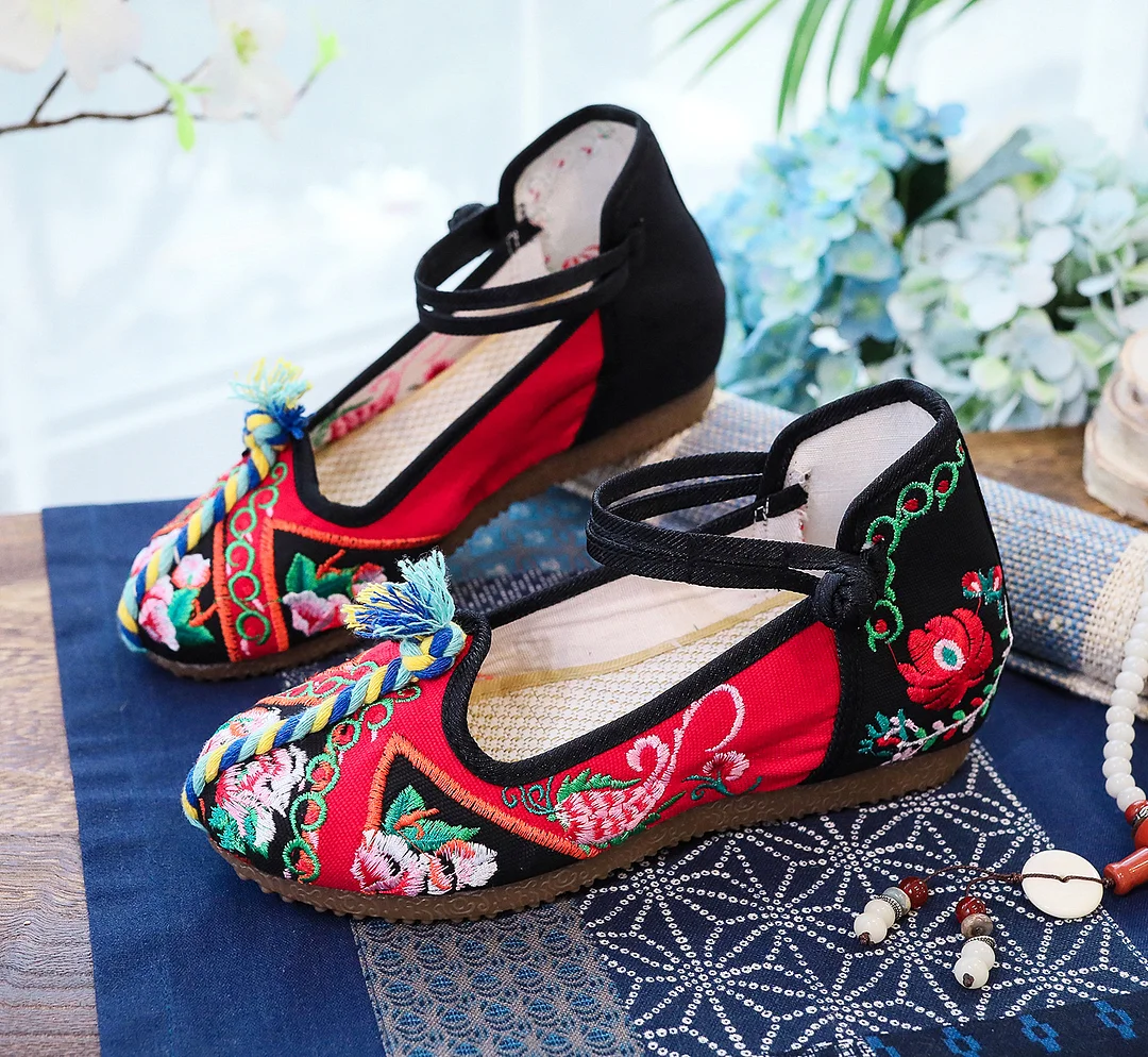Colourp Colourp Heels Single Shoes Ethnic Wind Contrast Color Canvas Retro Embroidered Cloth Shoes With Women's Shoes Spring And Summer