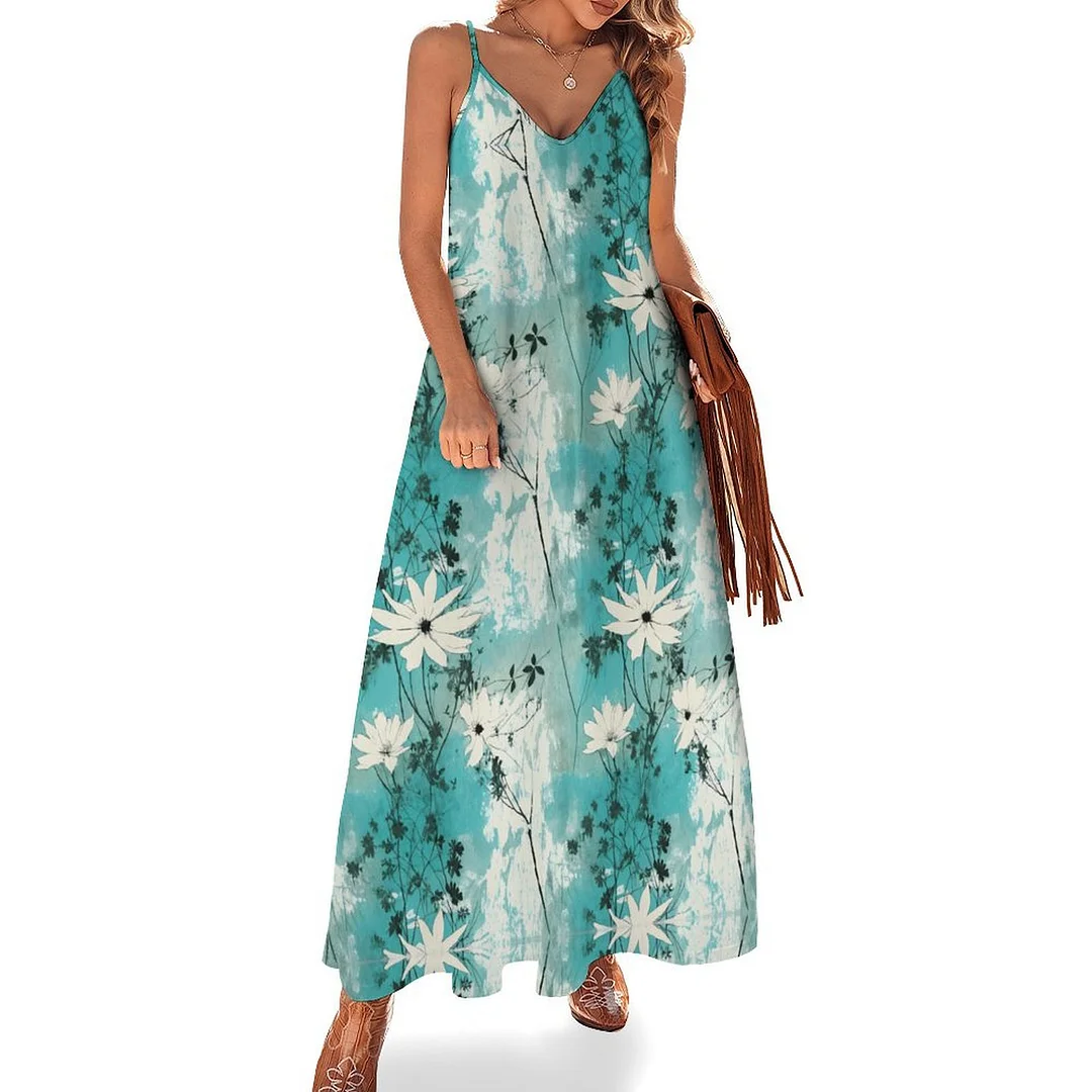 Style & Comfort for Mature Women Plus Size Printed Sling Casual Women Maxi Dress in Pattern Turquoise, Floral, Green