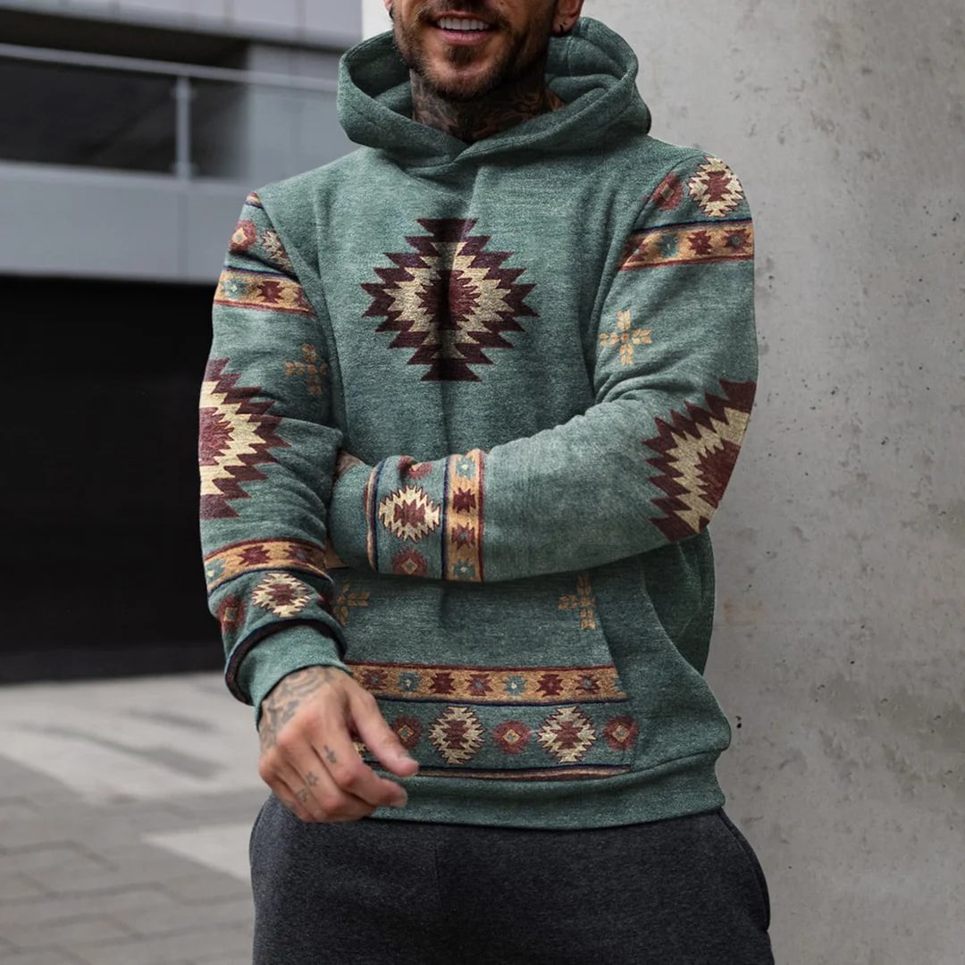 Casual Ethnic Print Color Matching Vintage Green Hoodie