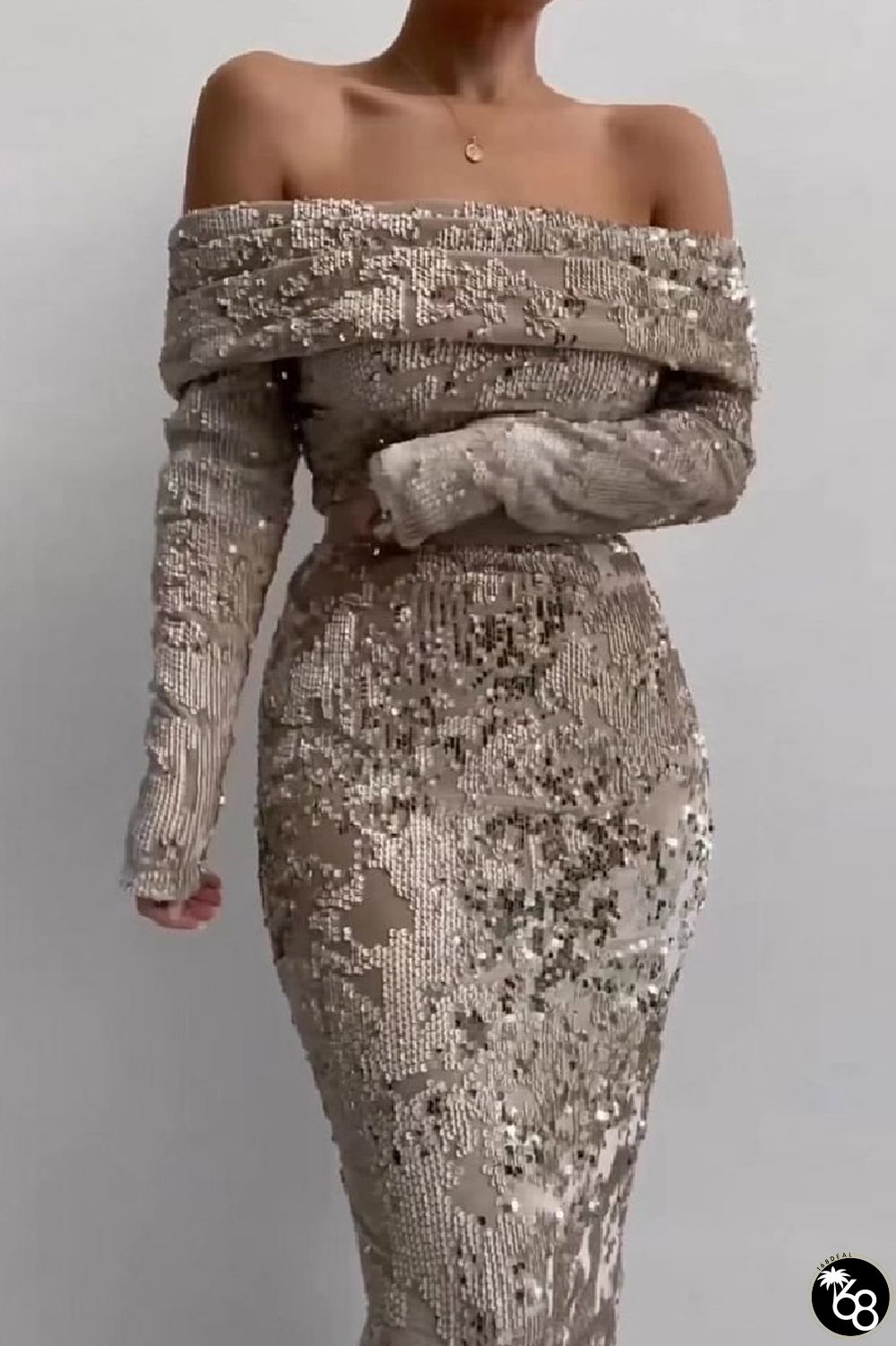 Sexy Casual Solid Sequins Patchwork Off the Shoulder Long Sleeve Dresses | 168DEAL