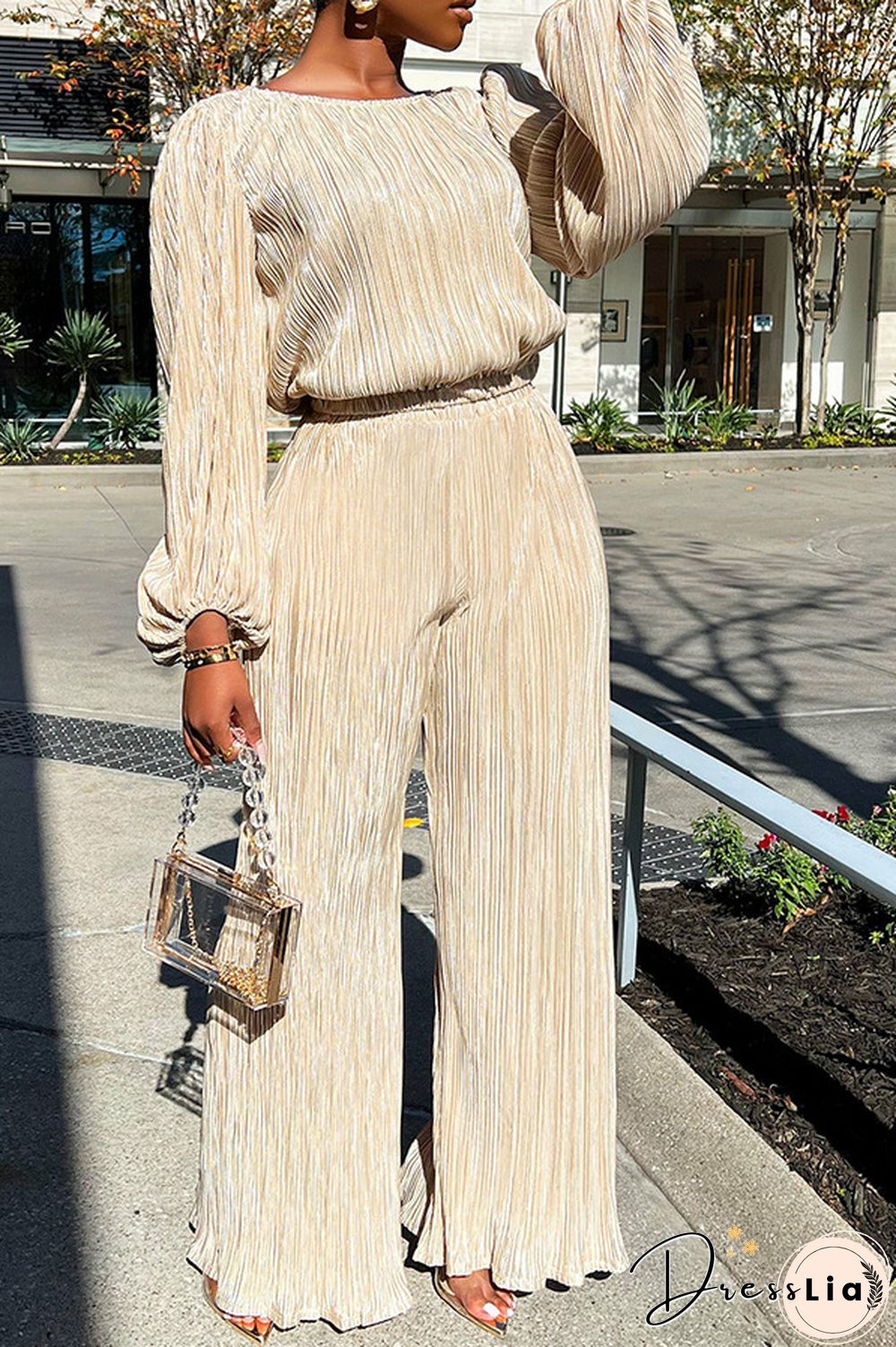 Retro Long Sleeve Top Loose Pleated Wide-leg Pants Set