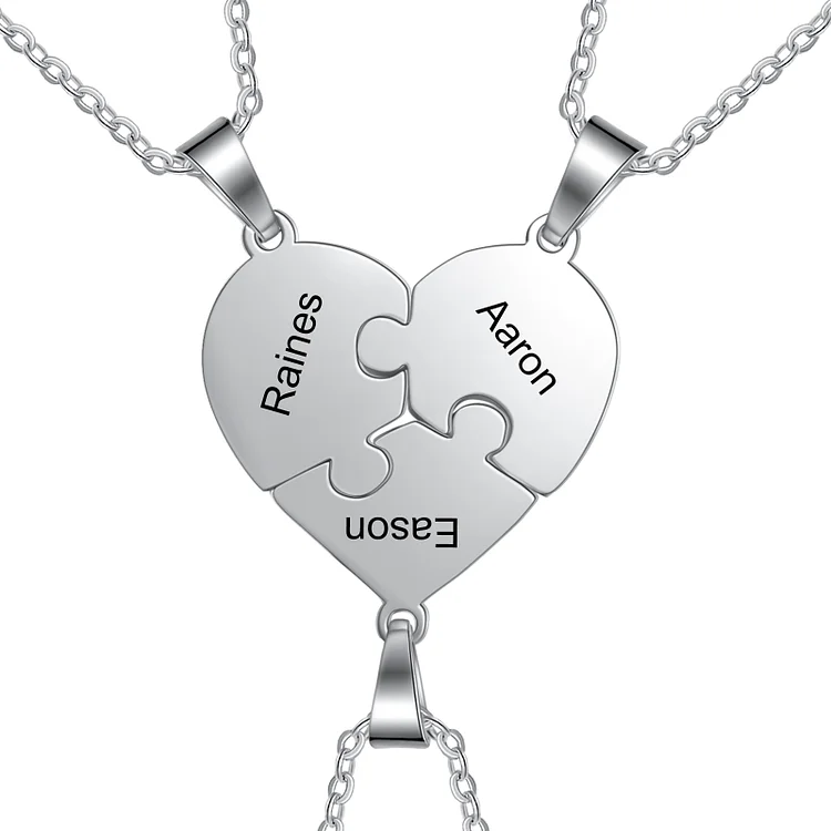 Personalized Heart Puzzle Necklace Engraved 3 Names Gifts for Family
