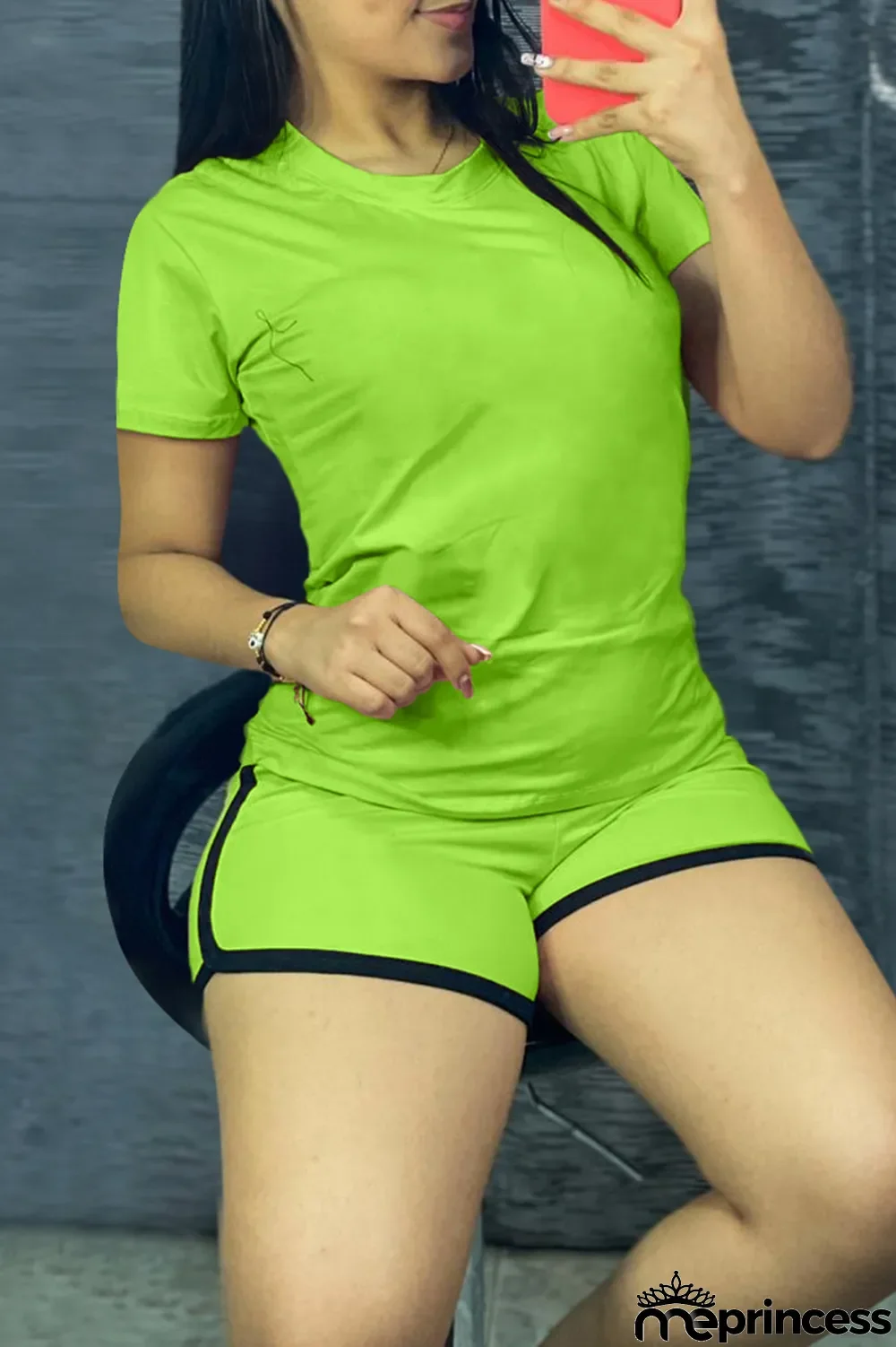 Fluorescent Green Fashion Casual Solid Basic O Neck Short Sleeve Two Pieces