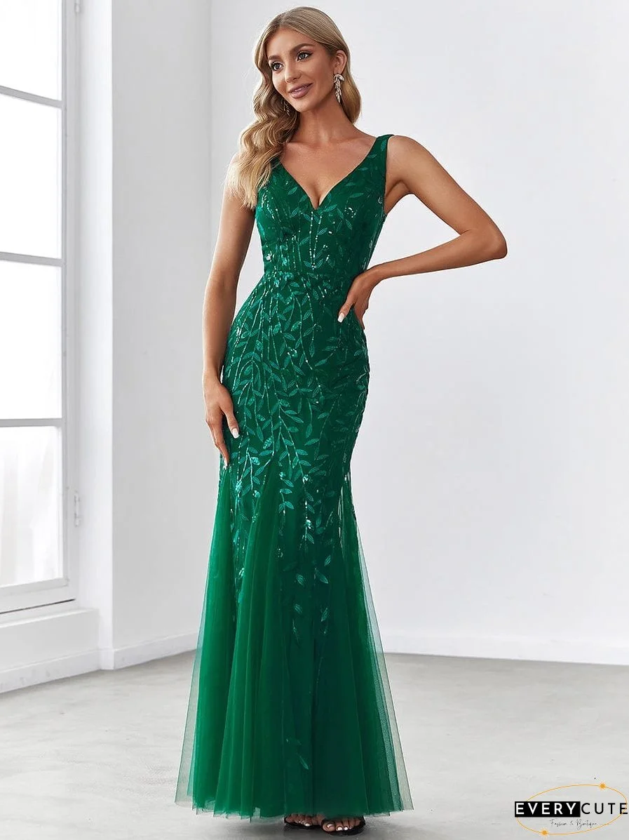 Elegant Sequin Mermaid Dress With Double V-Neck for Evening
