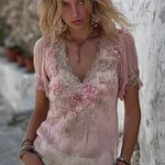 Boho Glitter Pink Roses Lace Flowy Linen Tunic - Image 2
