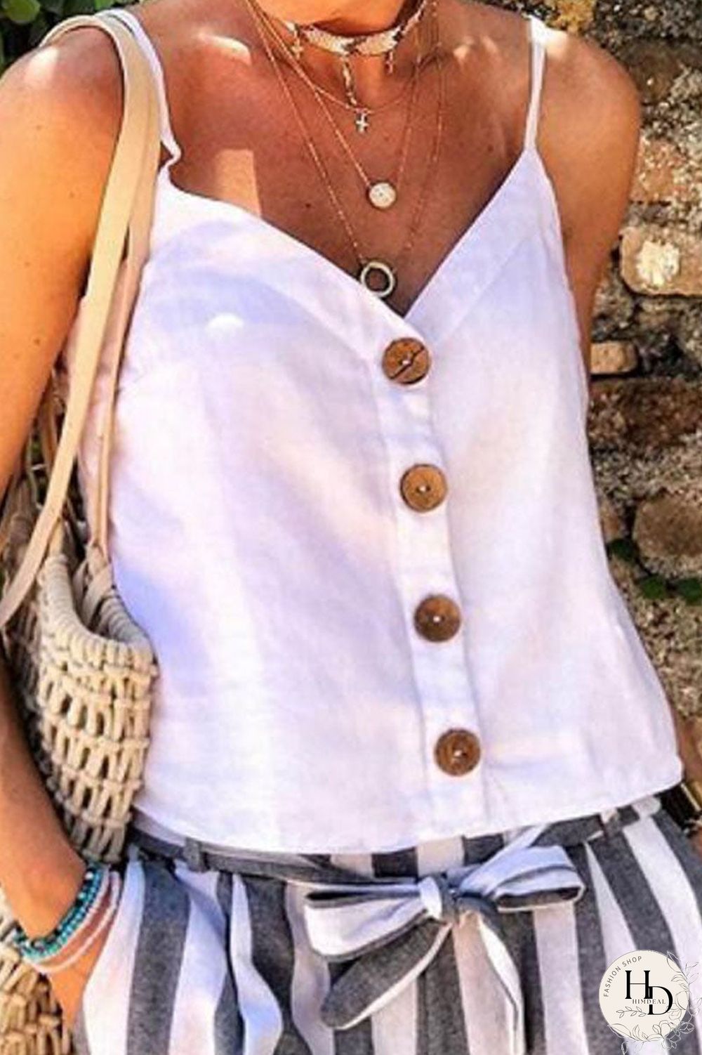 Fashion Street Solid Split Joint V Neck Tops