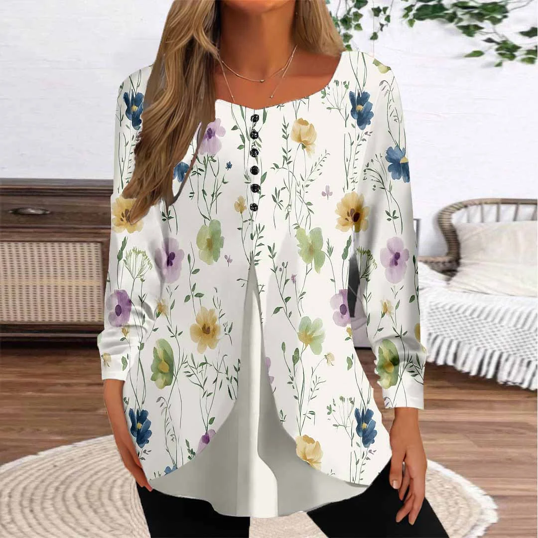 Women Floral,White DZGG8313 Long Sleeve Scoop Neck Printed Graphic Button Fake 2in1 Tops