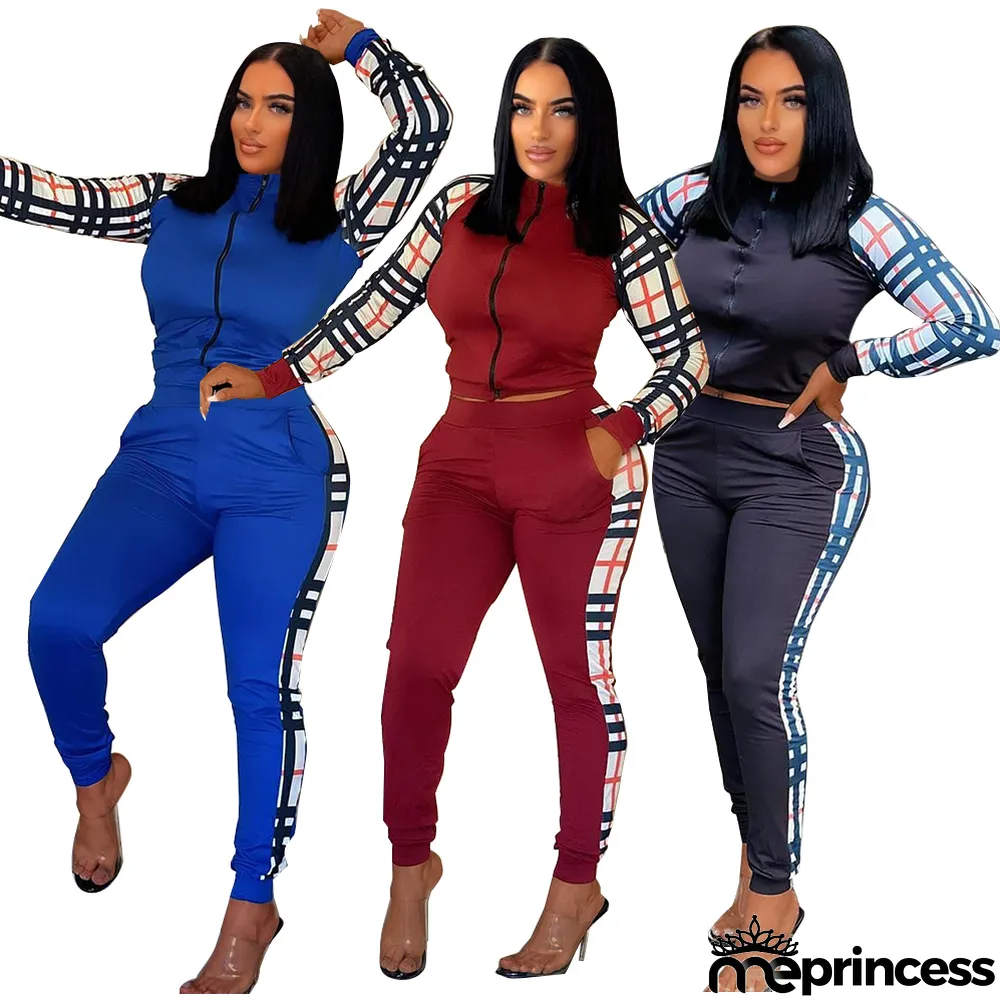 Casual Striped Long Sleeve Panel Zip Two Piece