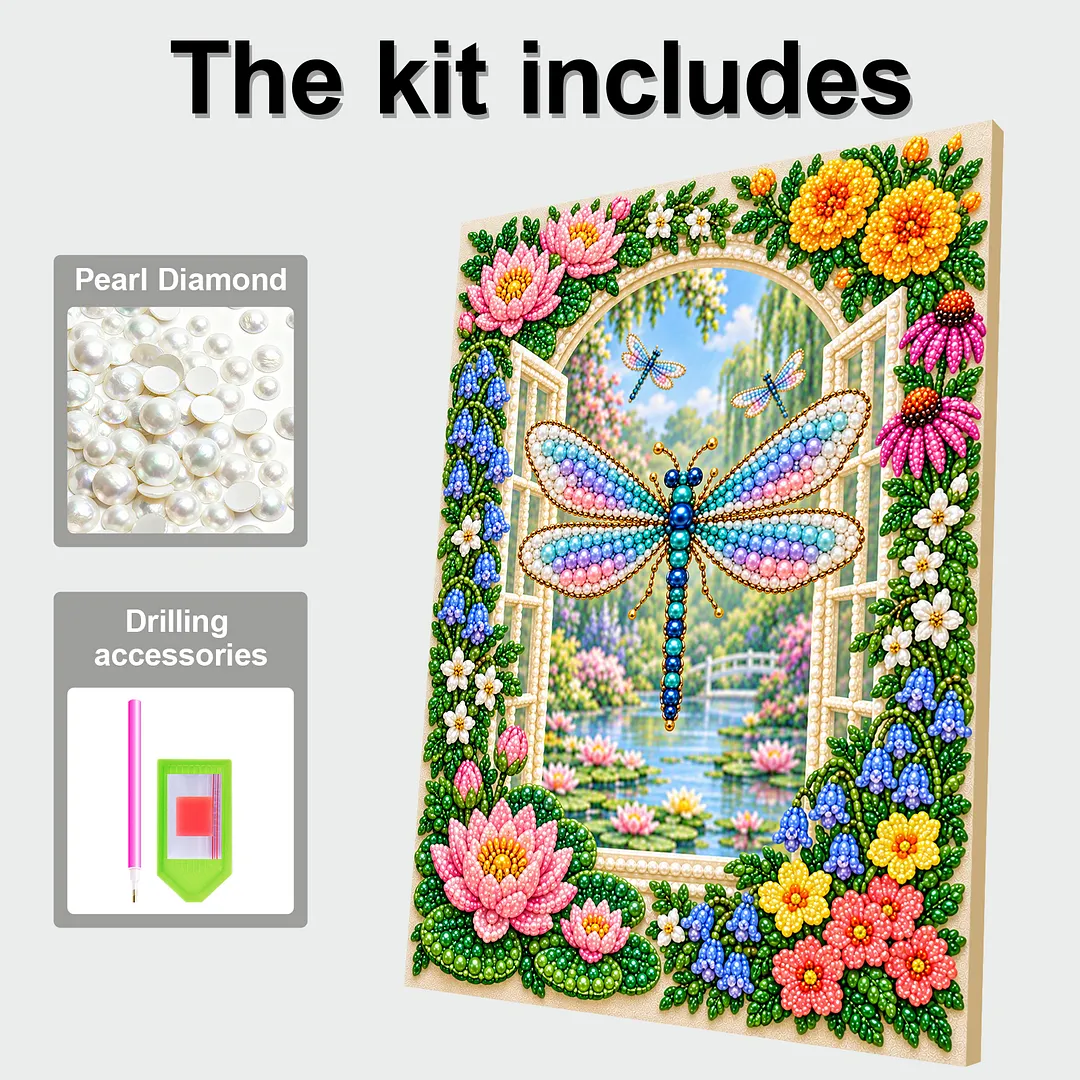 Framed Pearl Painting Kit Dragonfly Flowers 30x40cm