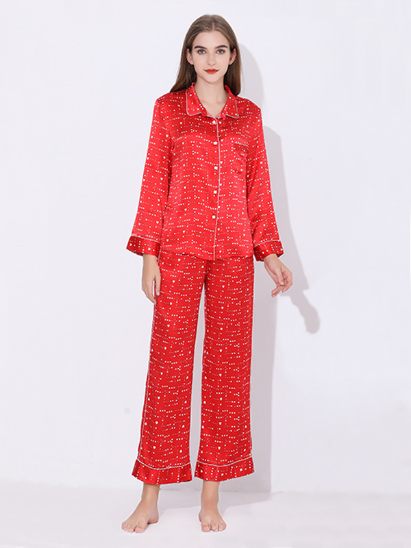 High Quality Heart Printed Silk Pajama Set Set Red