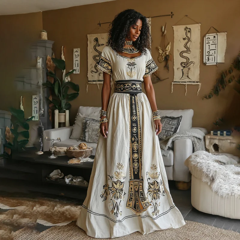 Women's Vintage Ancient Egyptian Art Casual Linen Dress