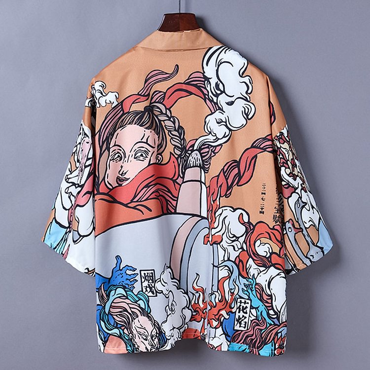 Cartoon Print Casual Vintage Kimono Outerwear  - Modakawa Modakawa