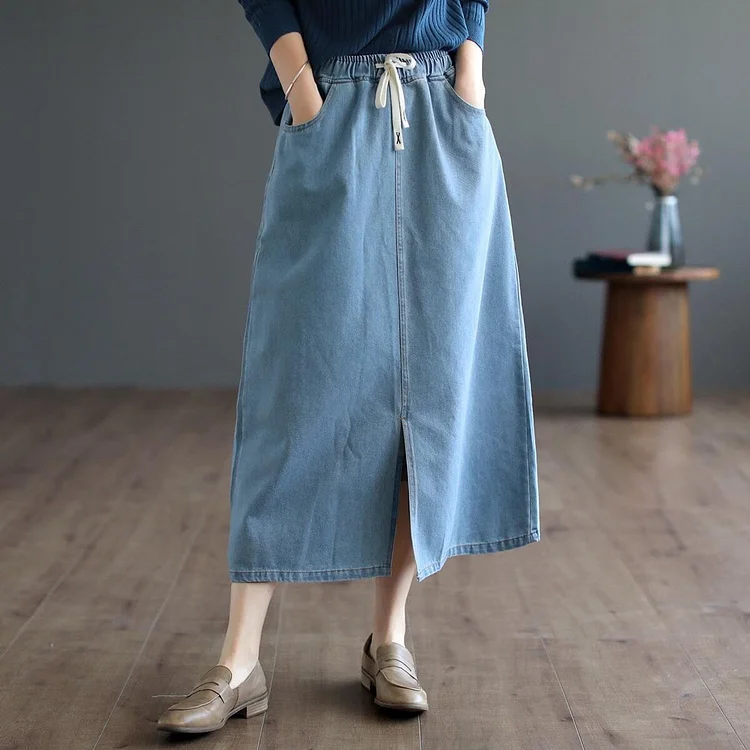 Spring Solid Casual Split Loose Denim Skirt