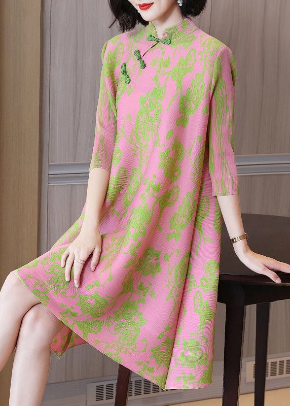 Vintage Pink Mandarin Collar Wrinkled Silk Oriental Dresses Half Sleeve