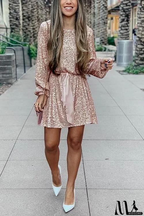 MidiSono - Sequin Belted Long Sleeve Mini Dress